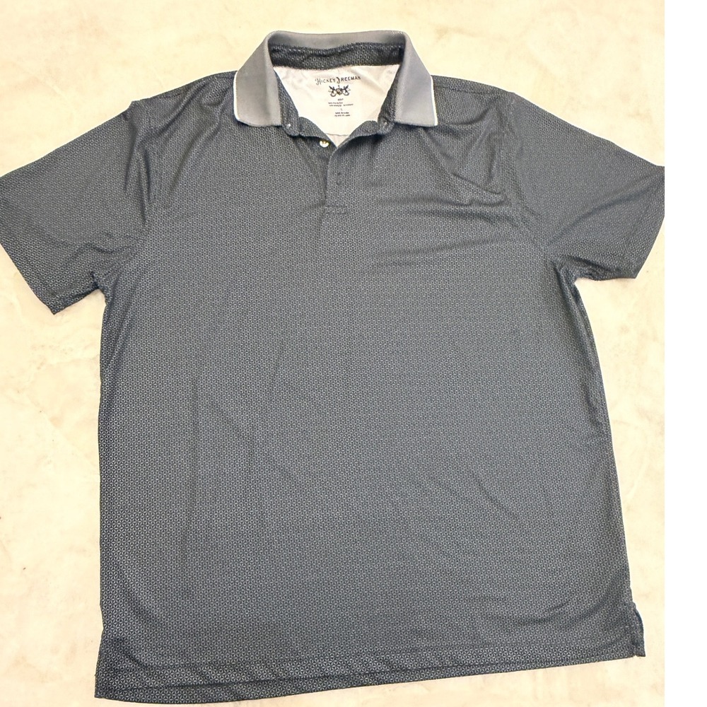 Hickey Freeman Golf Mens Large Navy Blue Geometric Print Performance Polo Shirt